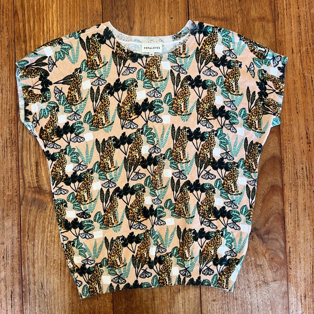 Anthropologie Pepaloves Novelty Leopard Tiger Jungle Tropical Knit Sweater Top